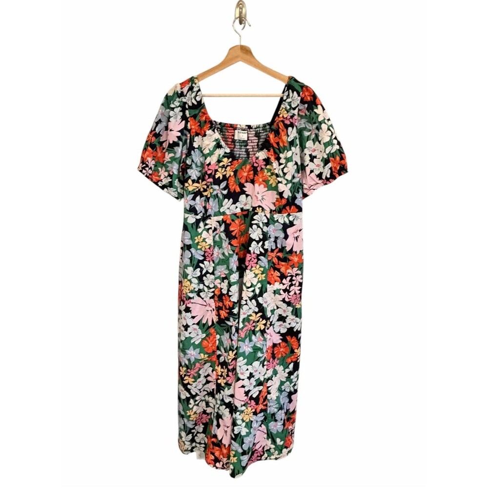 Old Navy Womens Blue Floral Milkmaid Midi Dress Size XL Cottagecore Puff Sleeves